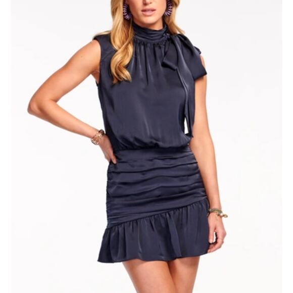 $425 Ramy Brook Dress Ally Brown Mini Satin Dress High Neck Size 4 NEW - Picture 1 of 8